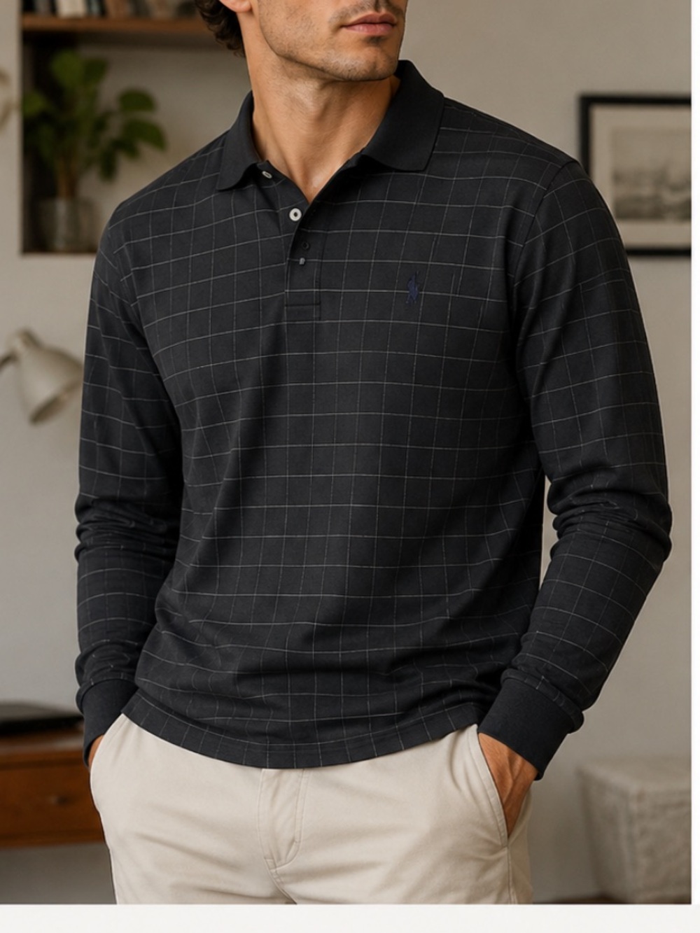 Polo by Ralph Lauren Men's Black Windowpane Long-Sleeve Polo